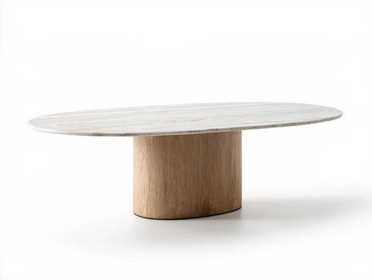 Owalny stół do jadalni z blatem z białego marmuru i podstawą w kolorze naturalnego dębu, 180 x 90 x 75 cm